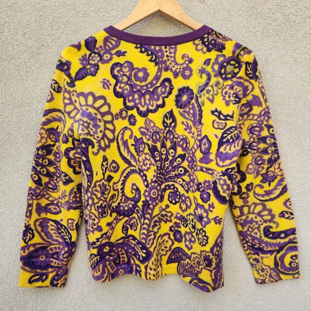 KATE SPADE Women's Cardigan Large Purple Yellow Paisley Wool Silk Blend Sweater - Picture 5 of 10